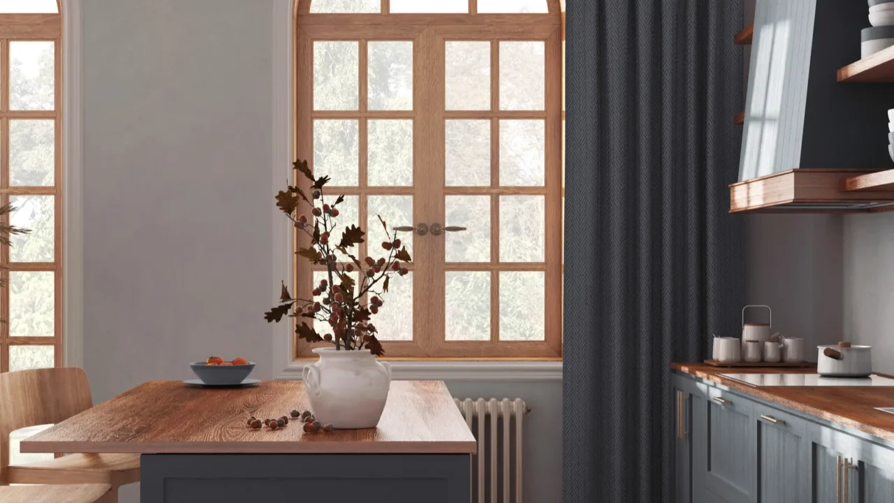 A cozy kitchen and dining area featuring wooden furniture, large windows, and indoor plants.