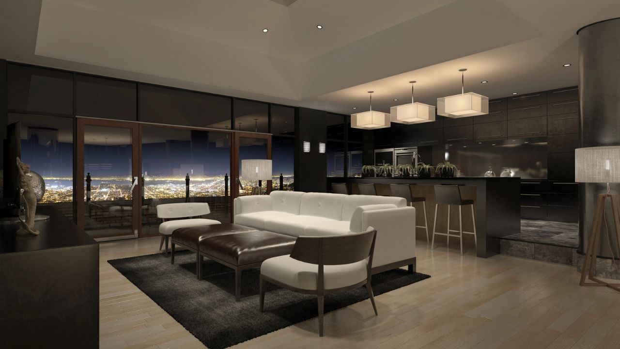 A sleek dark-themed living space with a nighttime city view.
