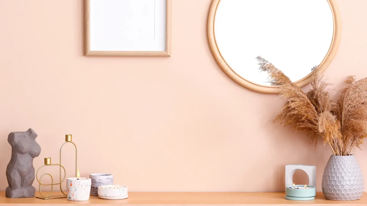 Pale peach wall with rattan mirror, pampas grass, and sculptural candles.