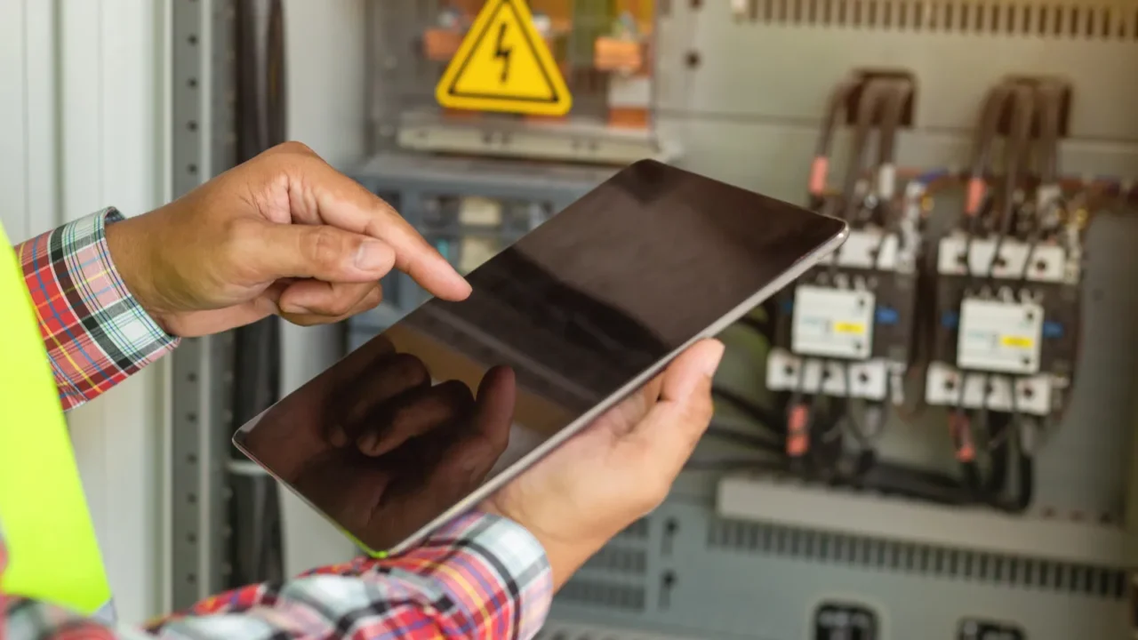 close up hand of engineer or electrician man working check