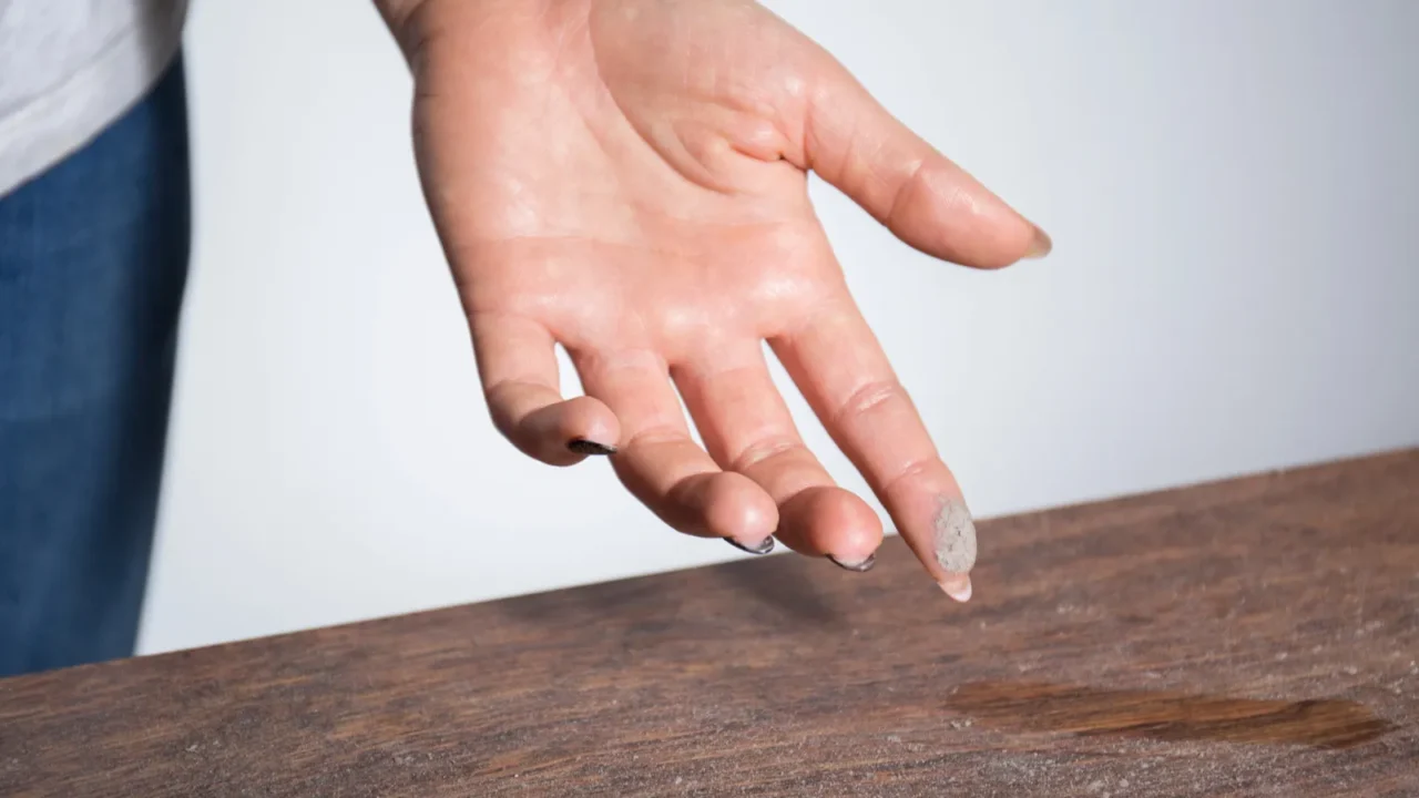 closeup of dust on woman finger