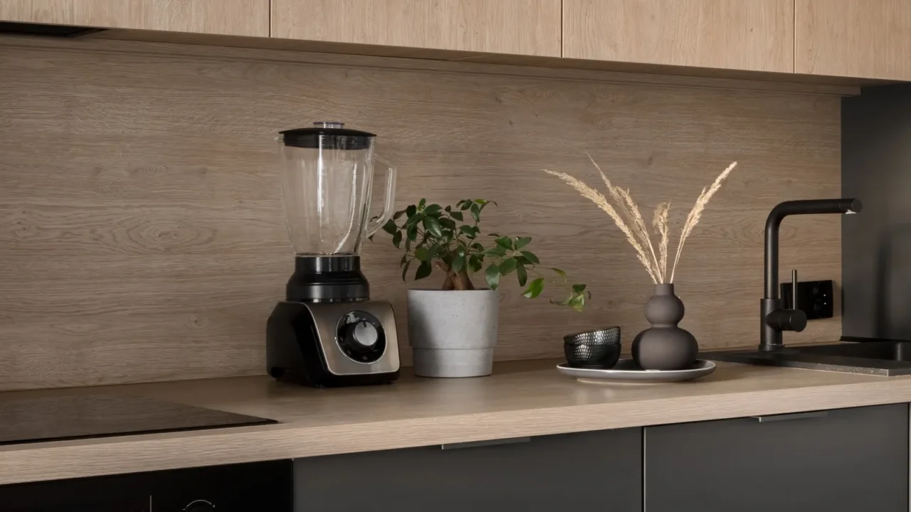 A kitchen countertop featuring a blender and decorative plants.