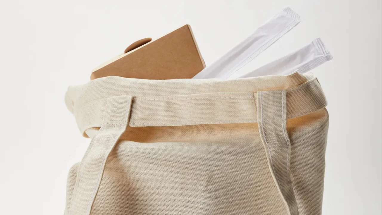 close up view of cotton bag with chopsticks and noodle
