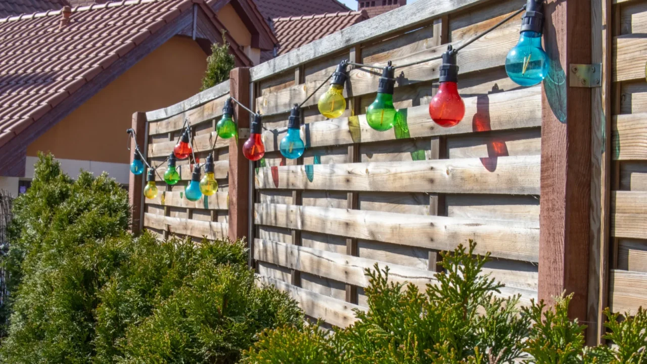 colorful string lights hanging on a wooden fence in a
