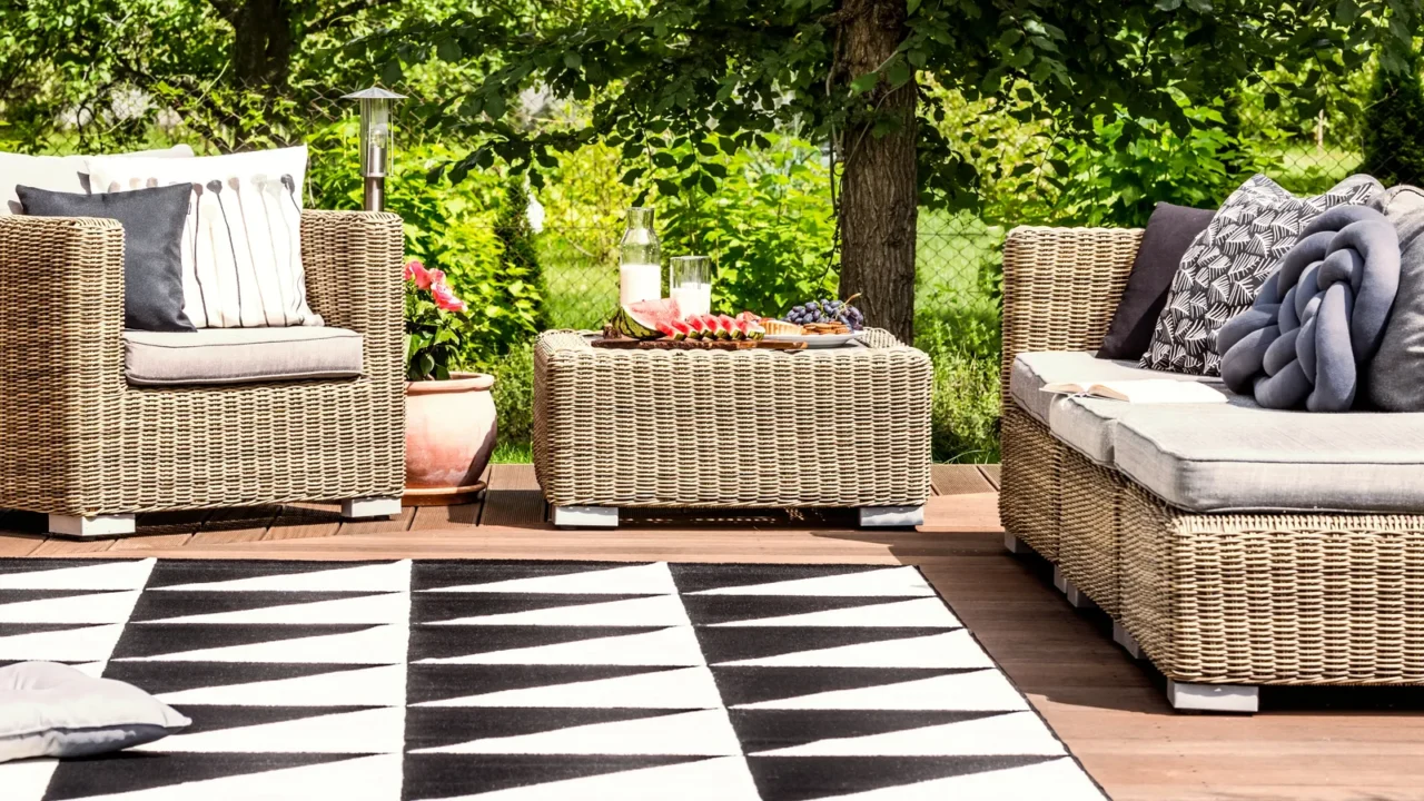 comfy garden furniture and geometrical rug on a terrace in