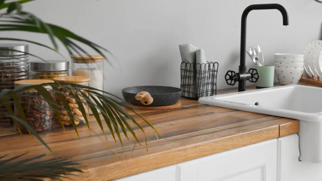 counters with ceramic sink kitchen utensils and food near light