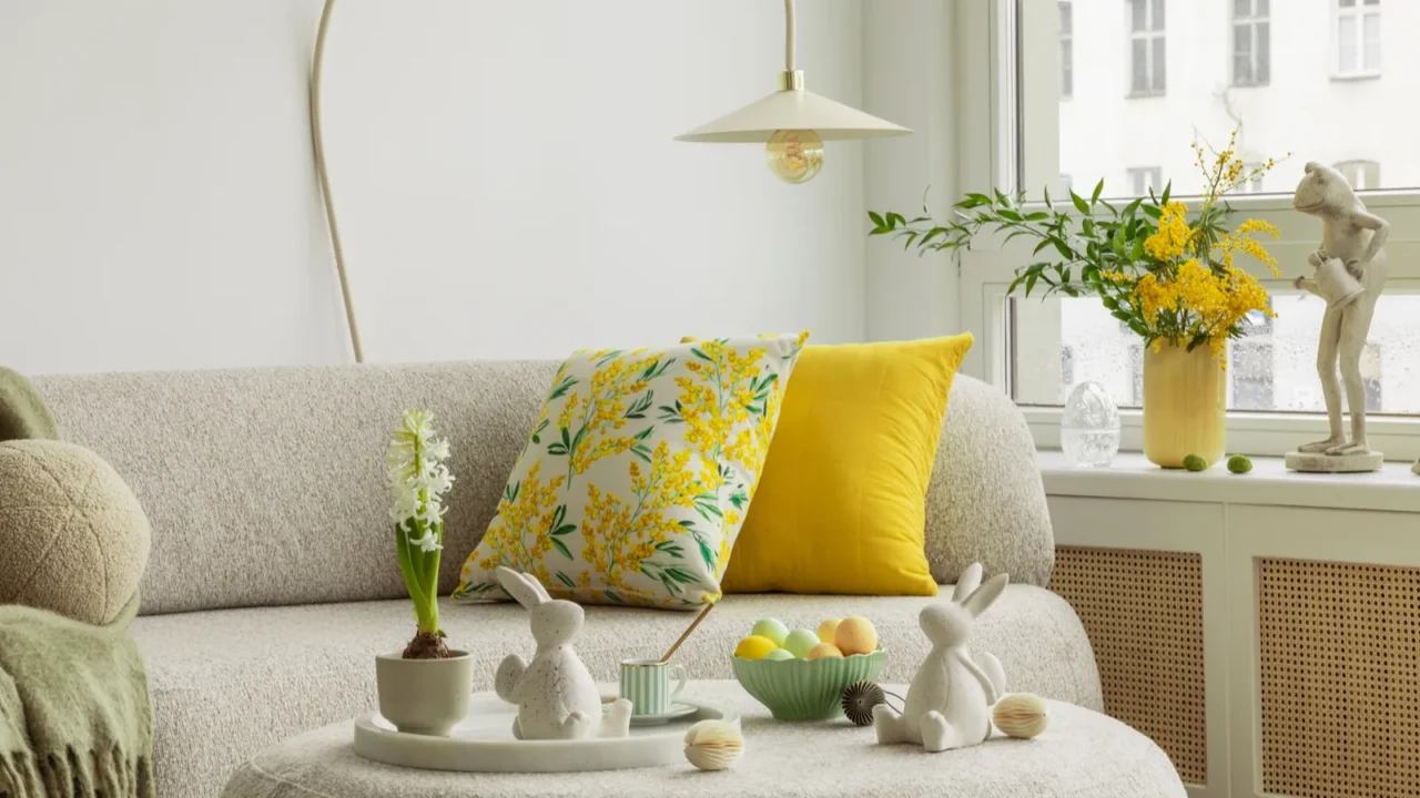 A bright, cozy living room with decorative bunnies and yellow accents.