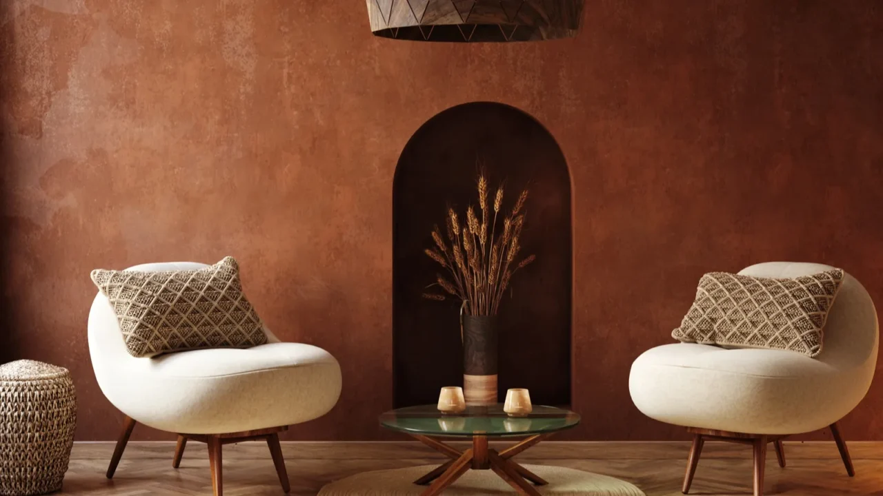 cozy home interior luxury living room with natural wooden furniture