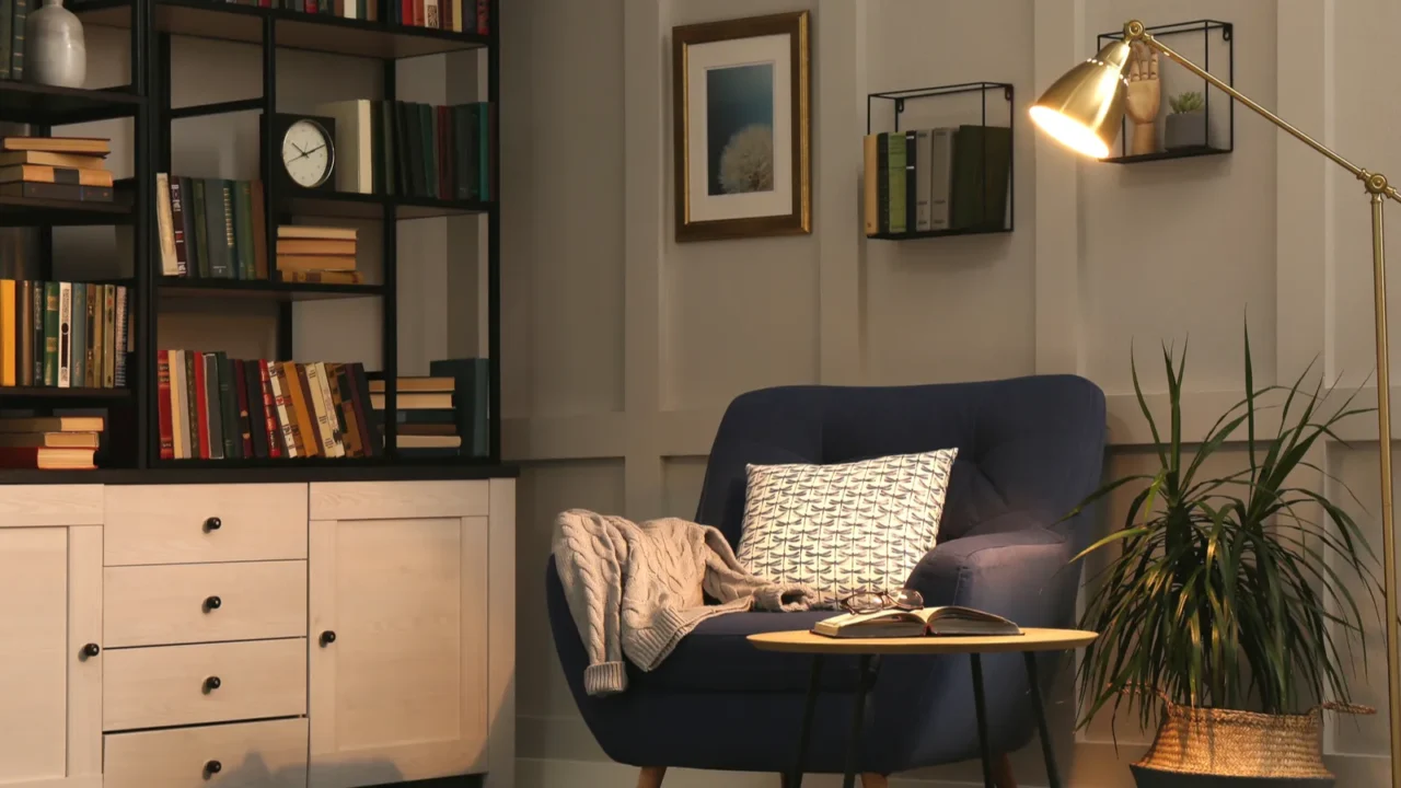 cozy home library interior with collection of different books on