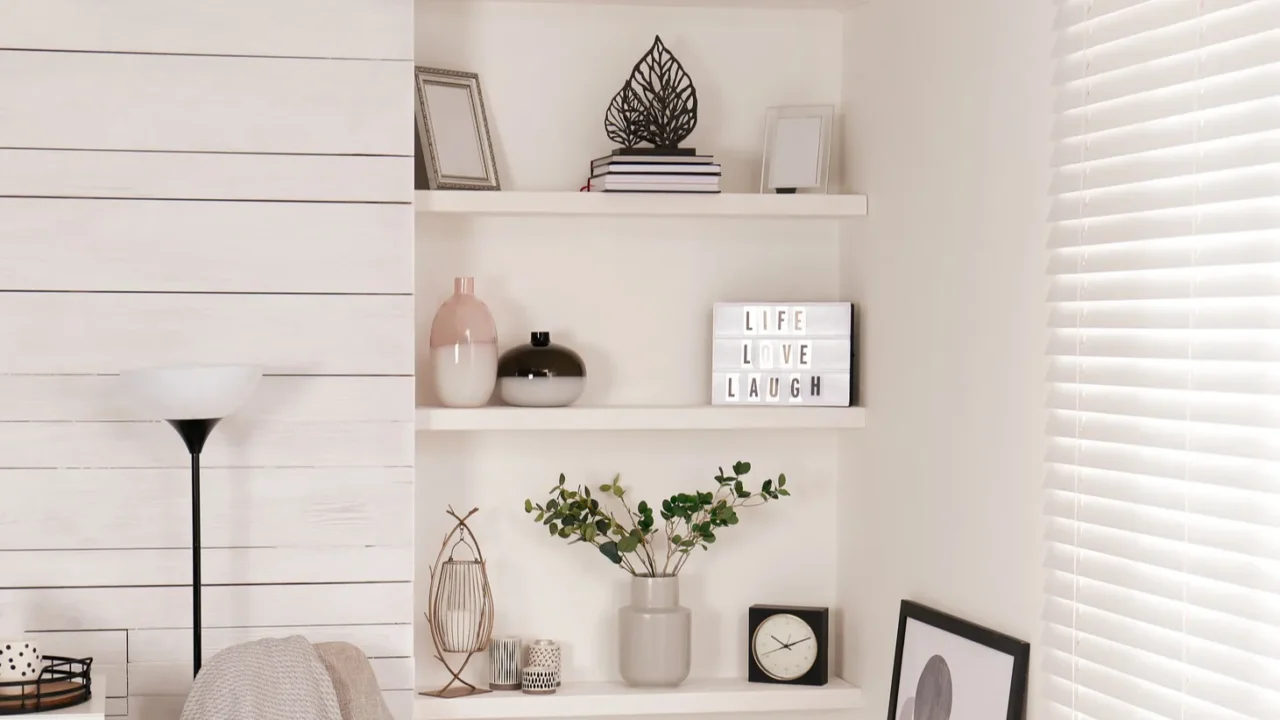 cozy room interior with stylish furniture wall shelves and beautiful