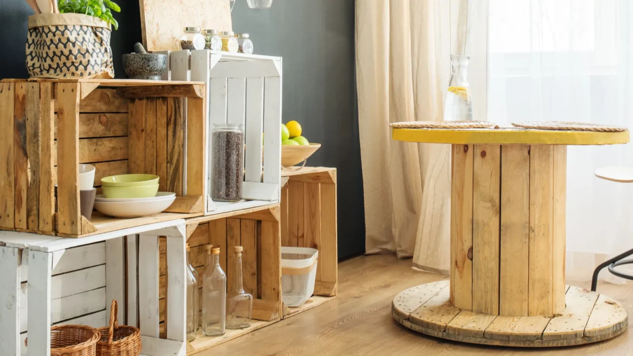 crates and table in a room