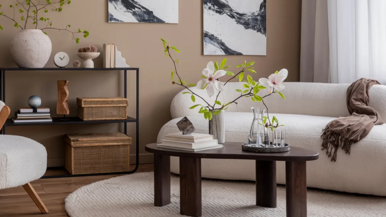 A living room interior with curved sofa, rug, coffee table, console table with storage boxes and decor accents, and artwork on the wall.