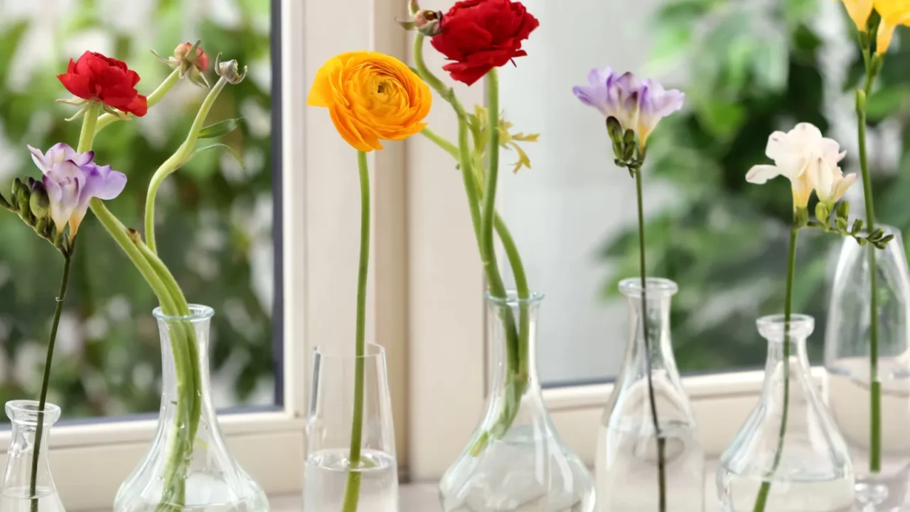 different beautiful spring flowers in glassware on window sill