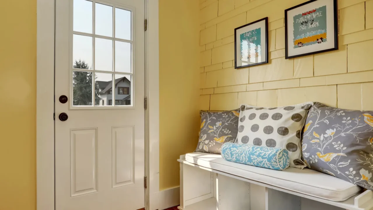 entryway with yellow walls and storage bench in white