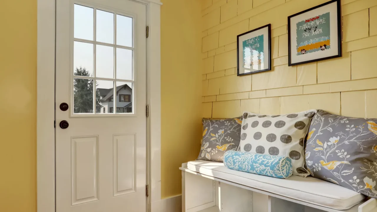 entryway with yellow walls and storage bench in white