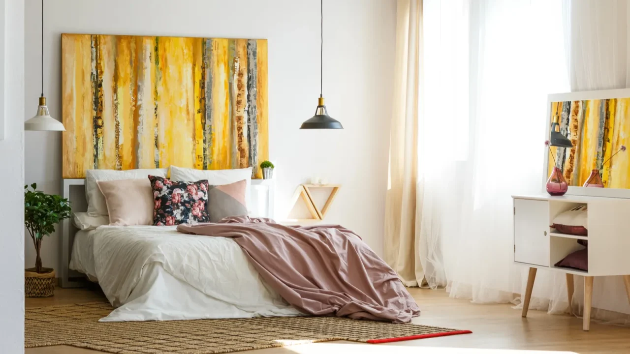 A cozy bedroom with a bed, pillows, artwork, and curtains.