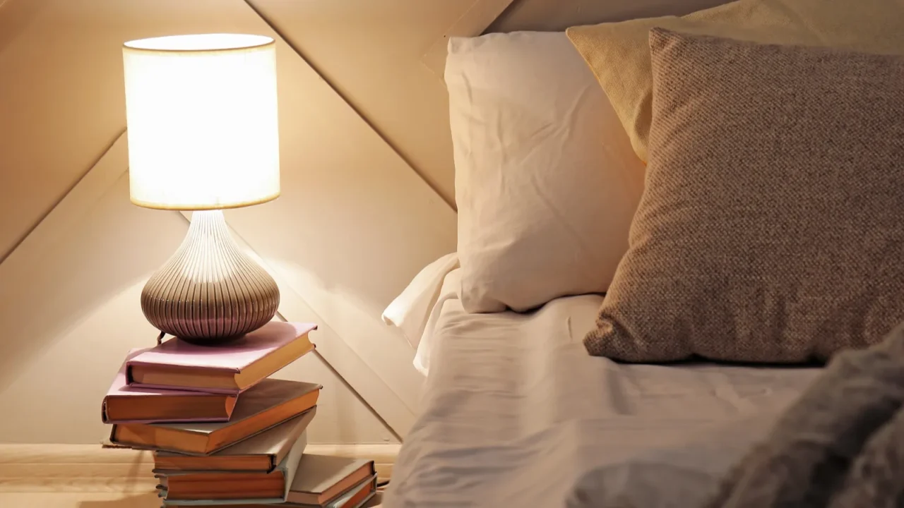 glowing lamp with books in dark bedroom