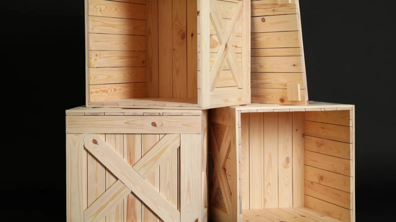 group of wooden crates on black background