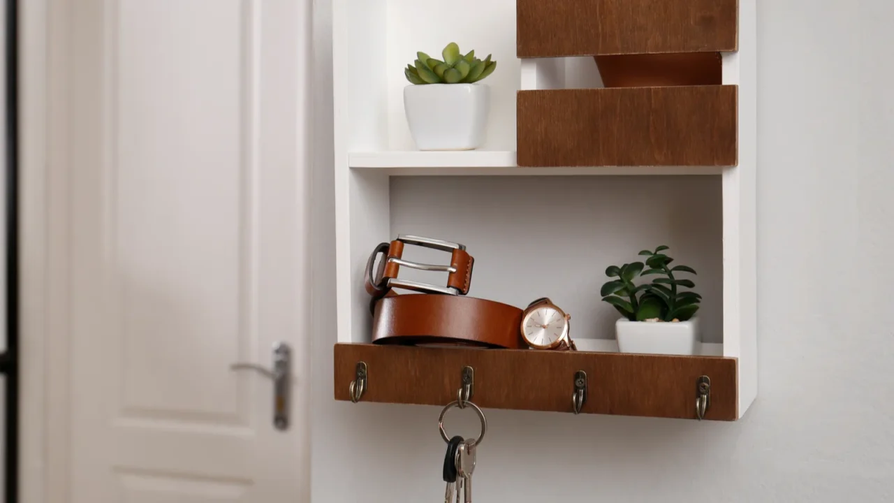 hallway interior with stylish accessories and wooden hanger for keys