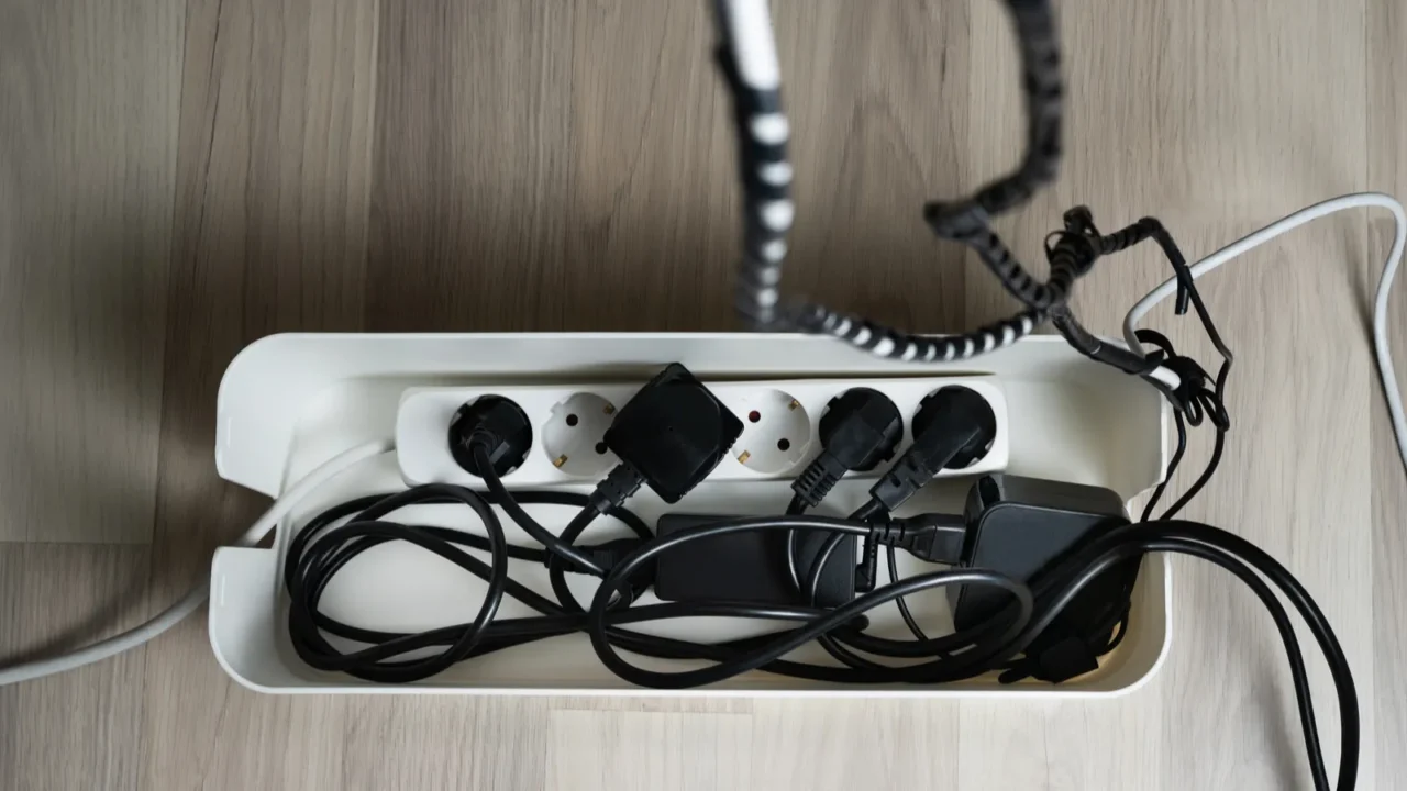 high angle view of cable management box with cables on