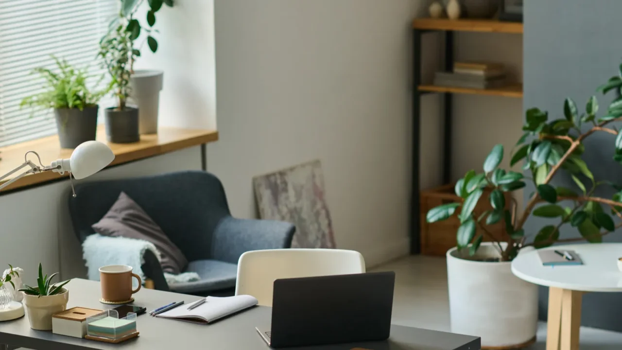 horizontal image of modern workplace with laptop for remote work