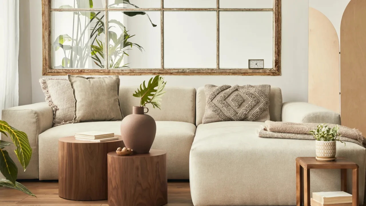 A bright living room interior with beige modular sofa with throw pillows, wooden coffee table with vase and books, and wooden side table.
