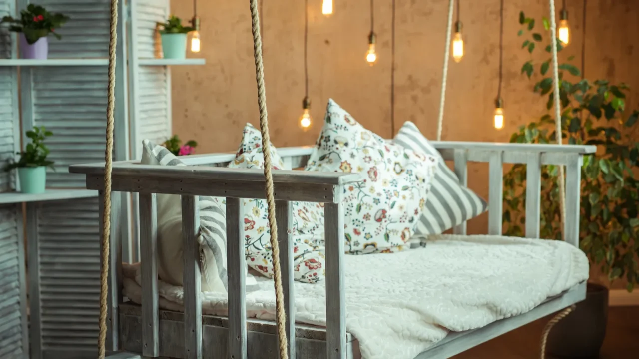 interior design cozy room with white hanging bench