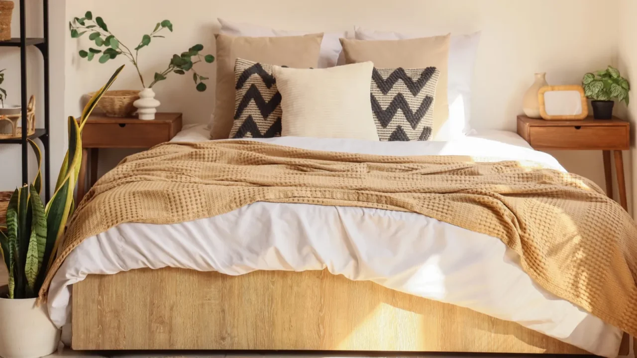 interior of cozy bedroom with plants shelf unit and tables