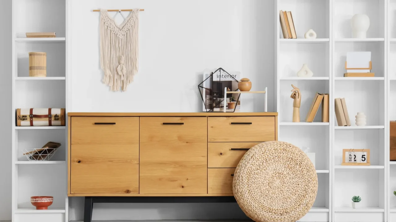 interior of light living room with wooden commode shelf units