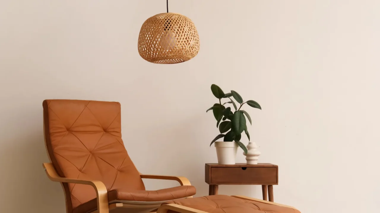 interior of living room with wicker lamp armchair and ottoman