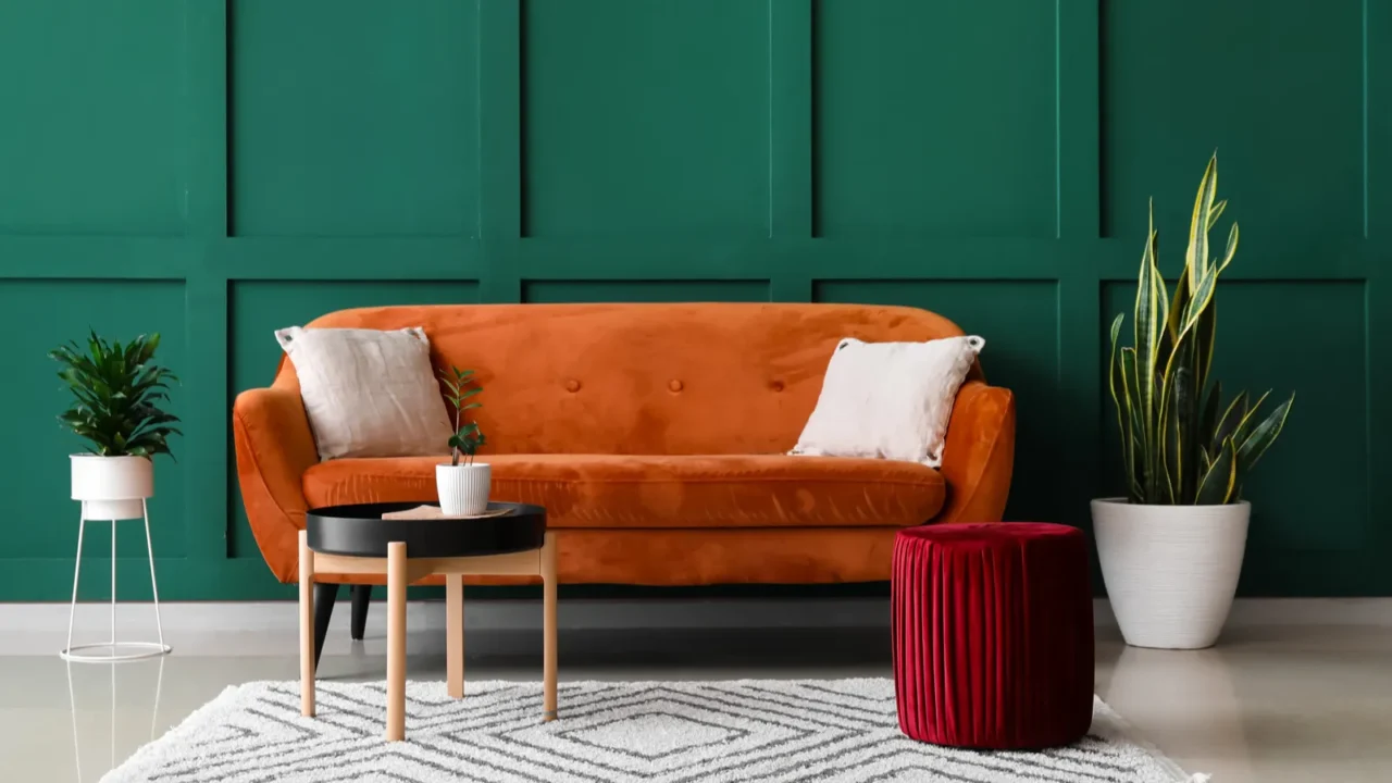 interior of modern living room with comfortable pouf and sofa