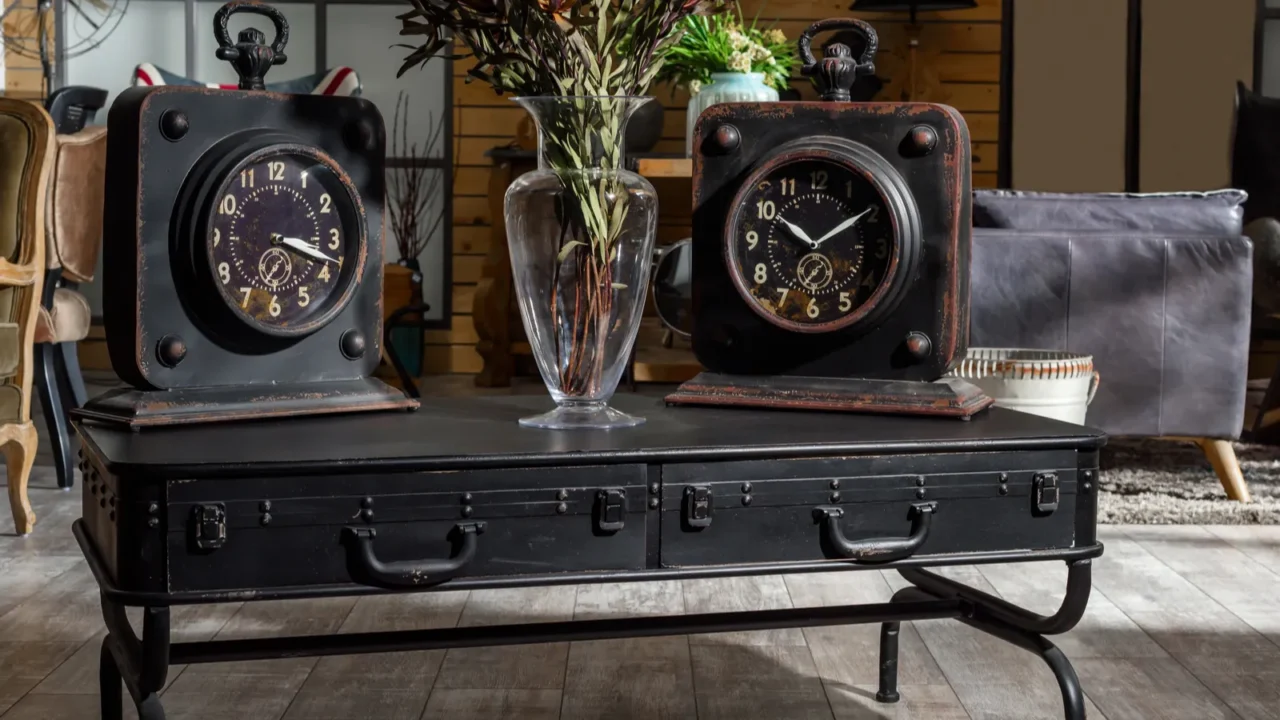 interior of modern retro styled living room with two clocks