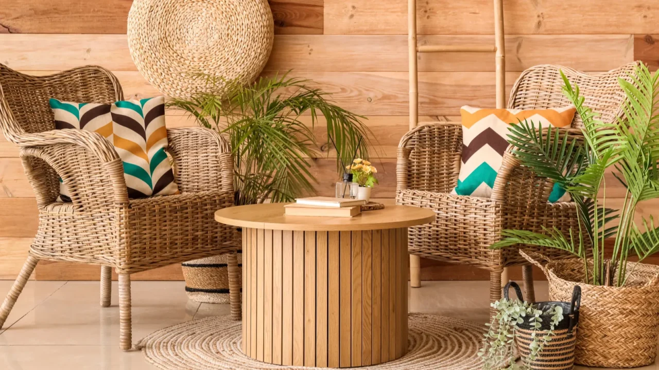 interior of stylish living room with wicker armchairs and coffee