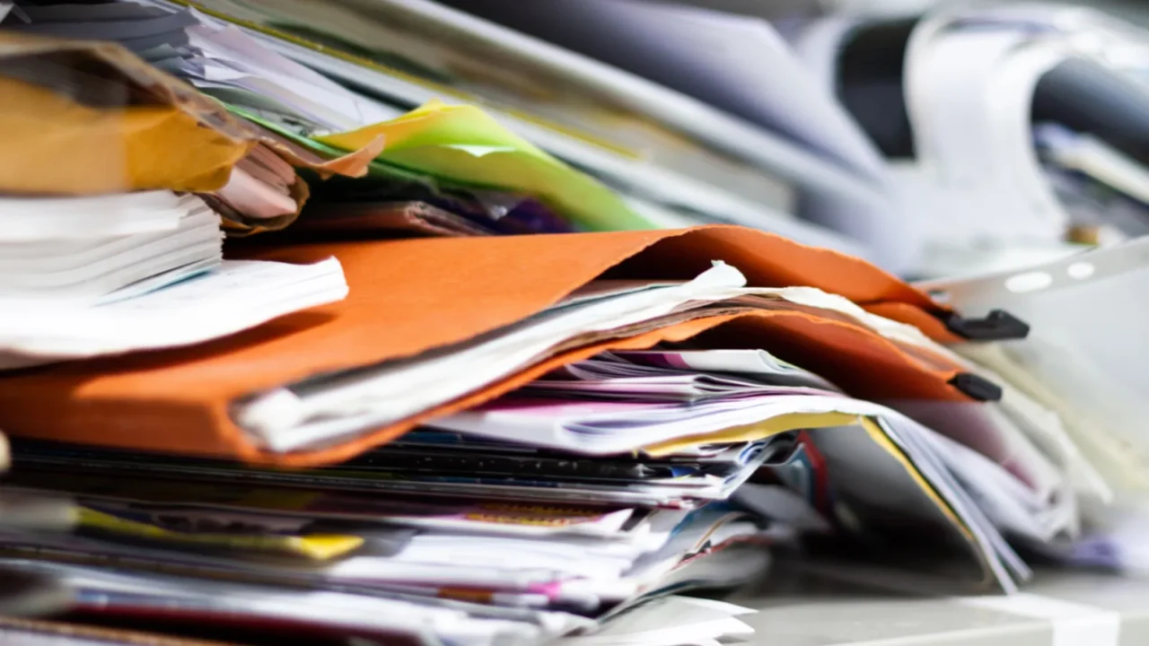 A disorganized pile of paper clutter, including loose sheets and overflowing file folders.