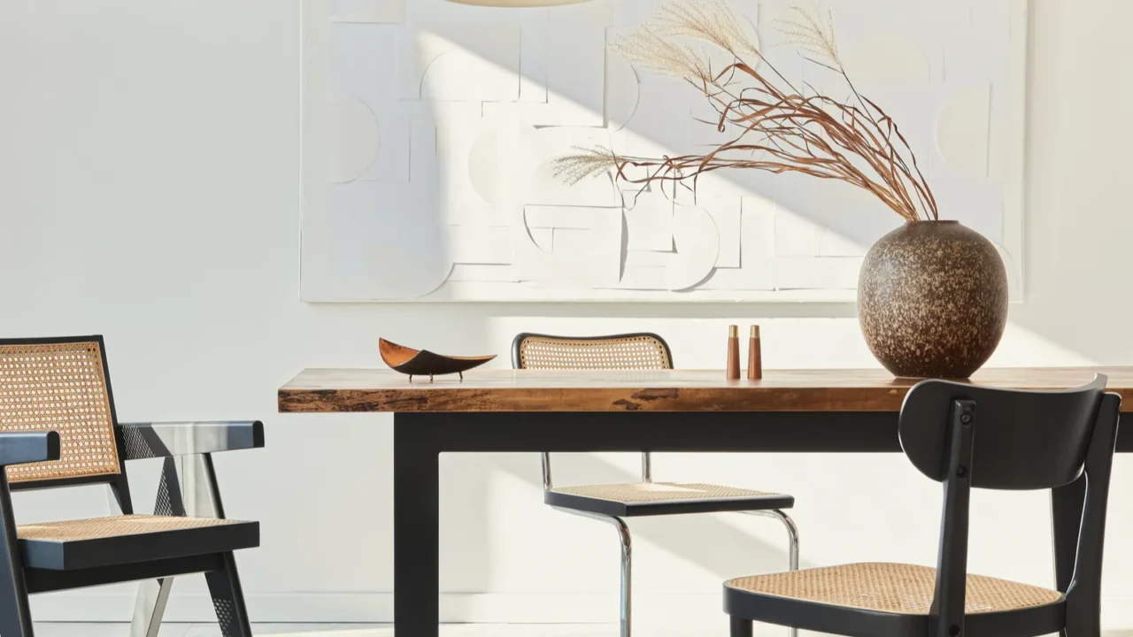 minimalist composition of dining room interior with wooden table design