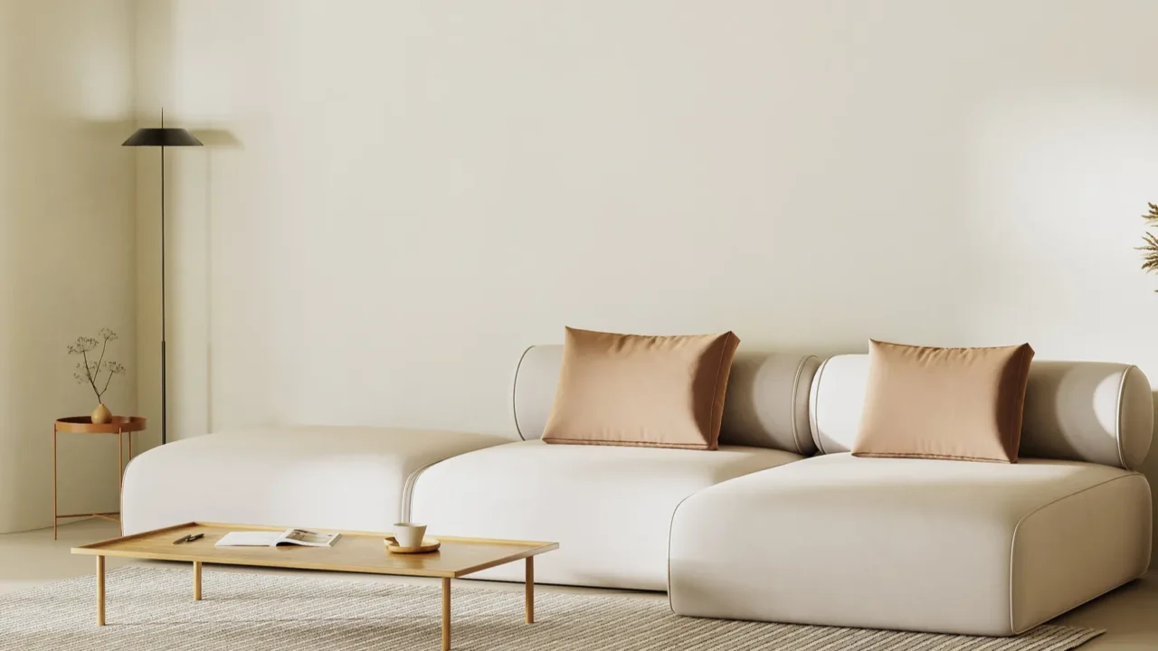 A minimalist living room with a sectional sofa with throw pillows, wooden coffee table, floor lamp, and a rug.