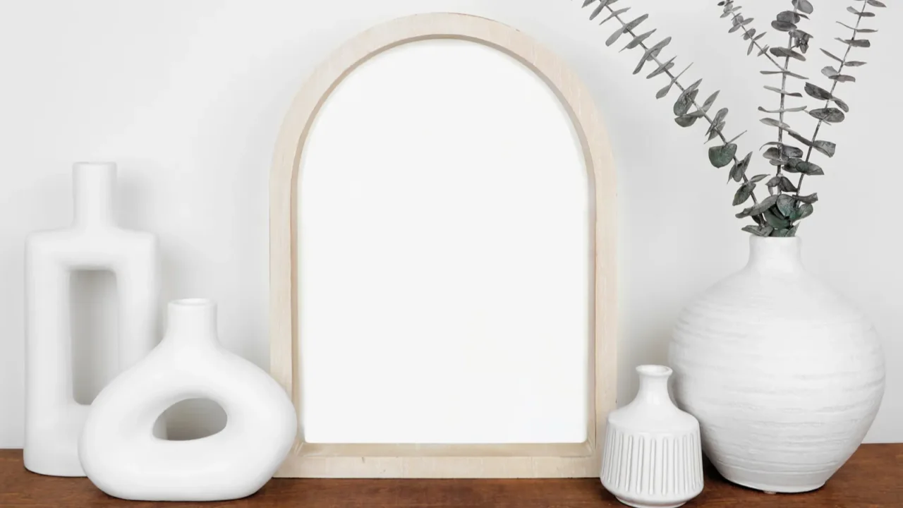 mock up wooden arched portrait frame with modern vase decor