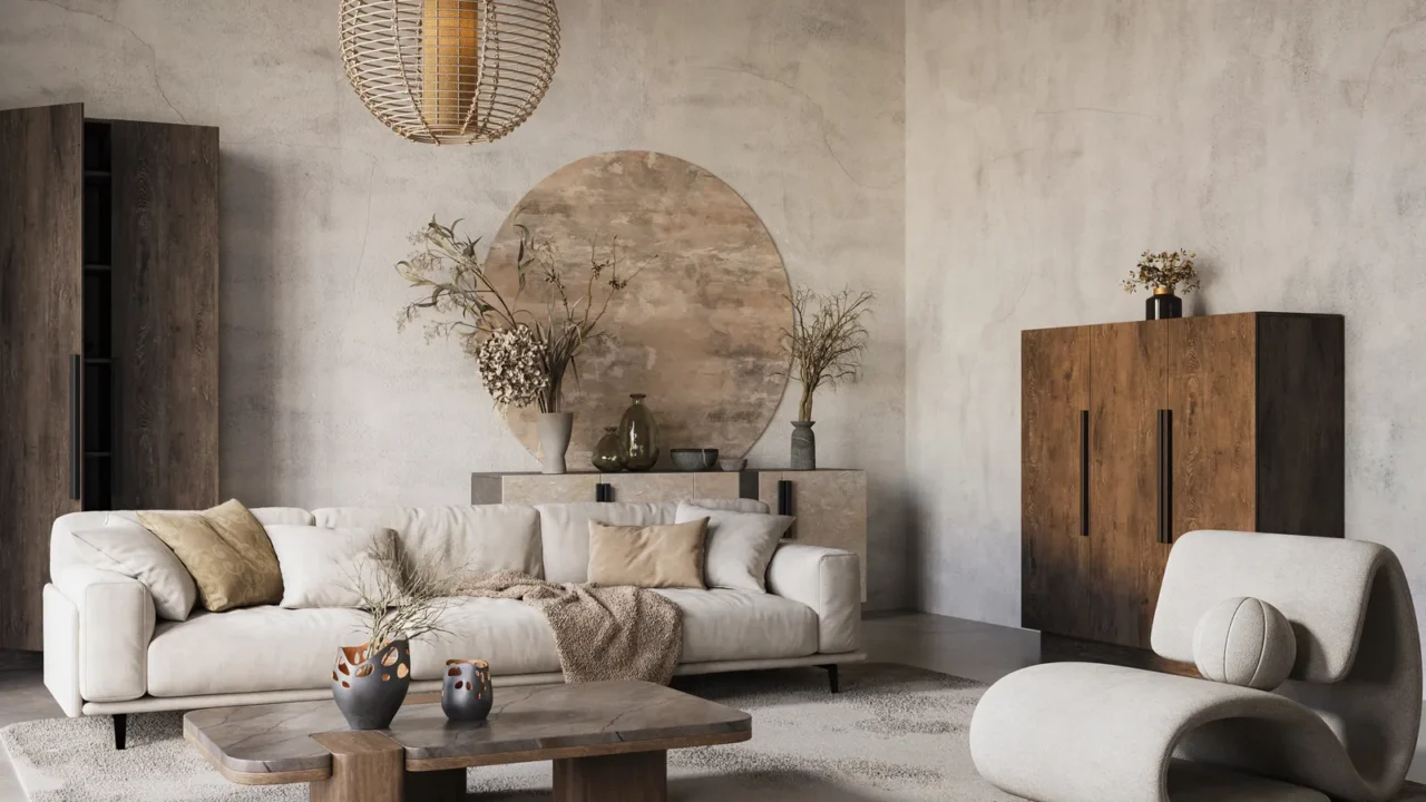 modern and cozy interior in neutral tones with natural elements