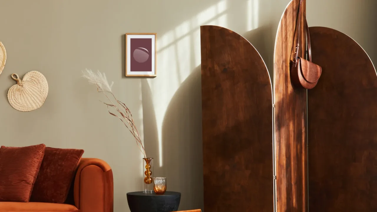 modern concept of domestic interior with design sofa wooden room