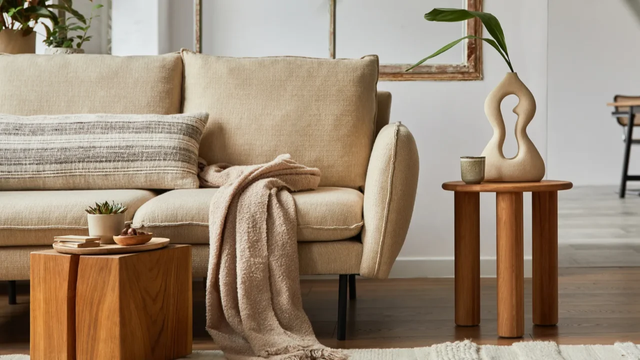 modern living room interior design with beige sofa wooden side