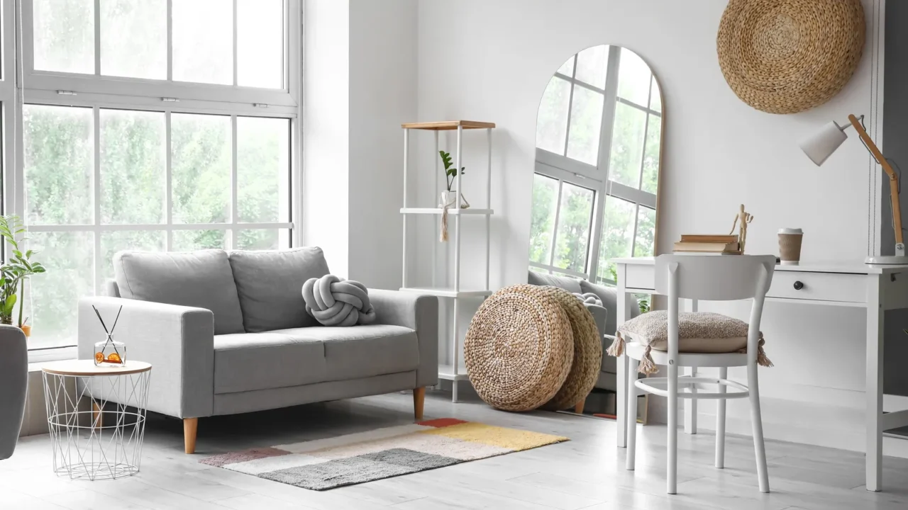 A modern living room featuring a gray sofa, large windows, and a stylish mirror.