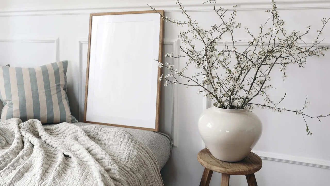 modern spring scandinavian living room interior wooden picture frame poster