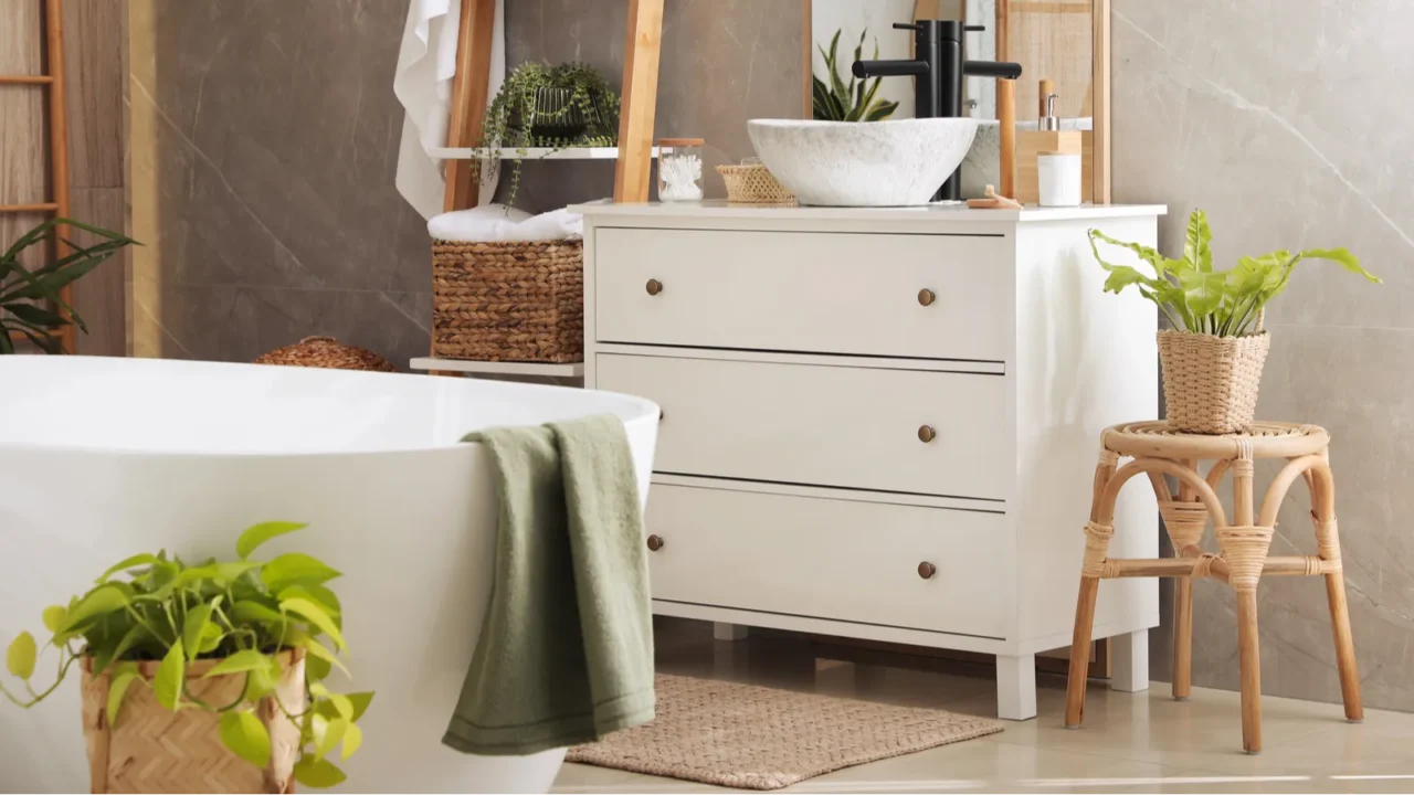 modern white tub and chest of drawers with sink in