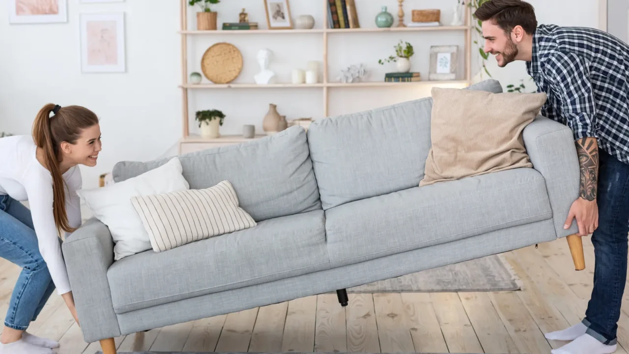 moving or permutation furniture at home happy guy and girl
