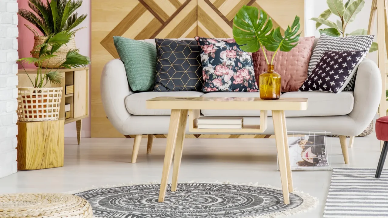A living room interior with gray sofa, colorful and patterned throw pillows, and a wooden coffee table with vase and books.