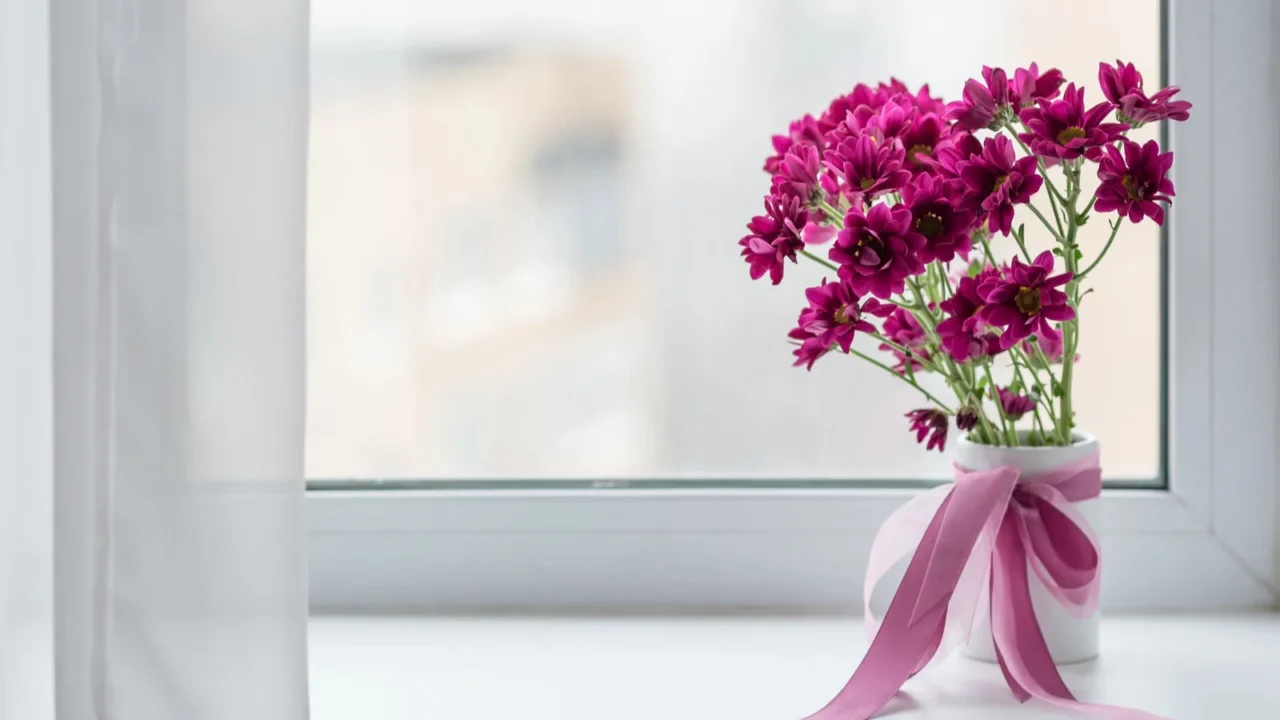 pink chrysanthemums bouquet in vase over window background