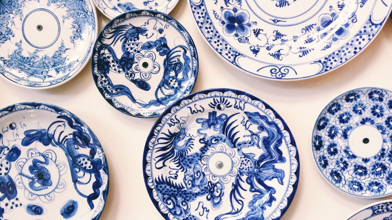 A collection of decorative blue and white plates.