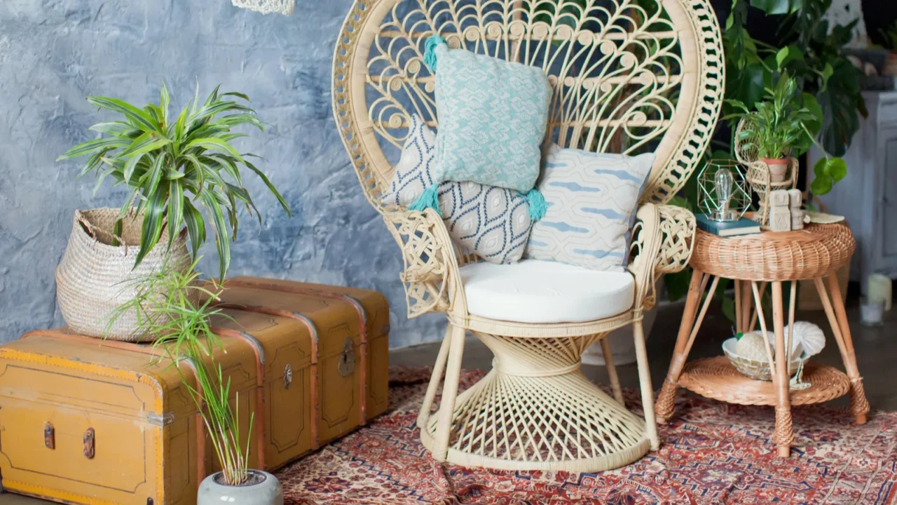 rattan peacock chair and big monstera plant in loft room