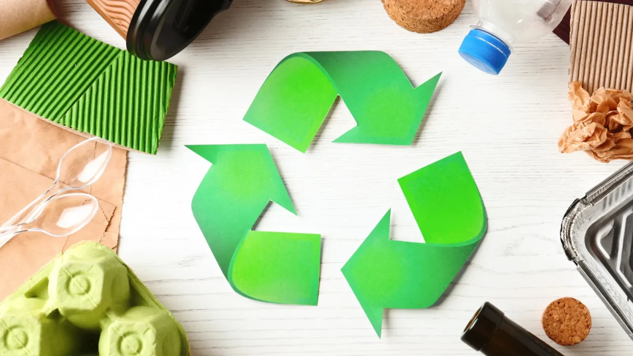 recycling symbol and different garbage on wooden background top view