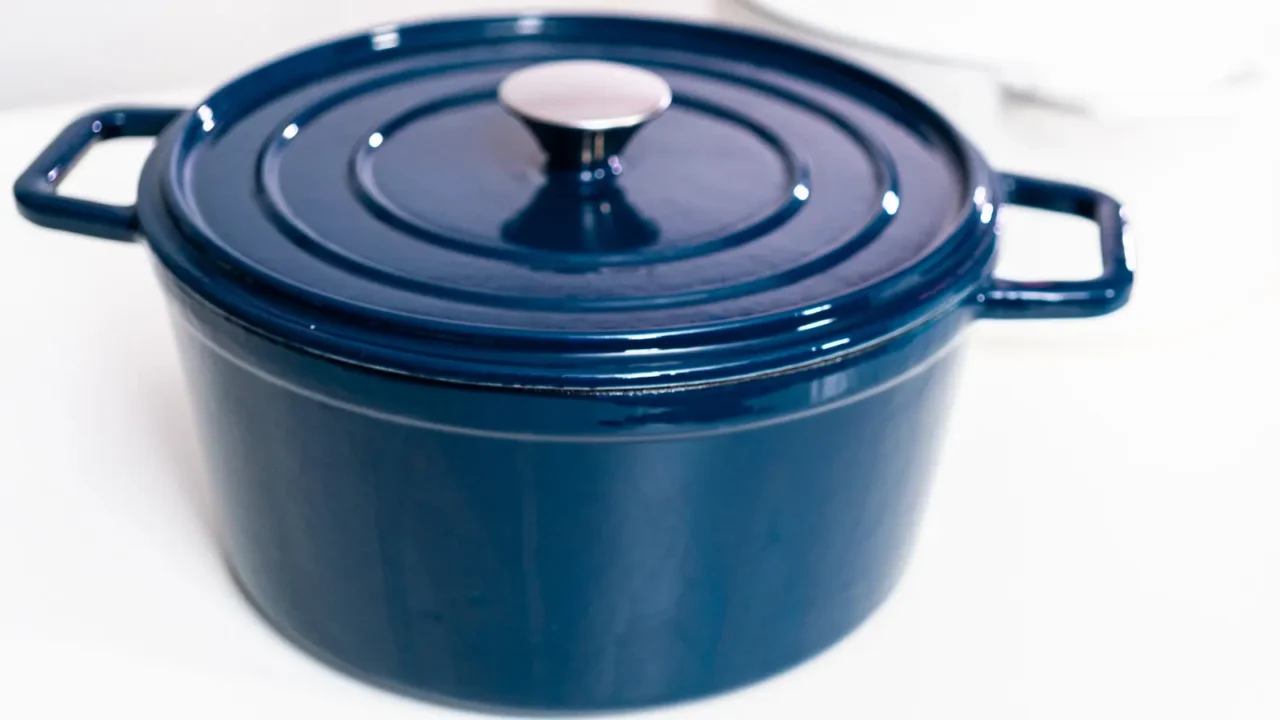 red white and blue enameled cast iron covered round dutch